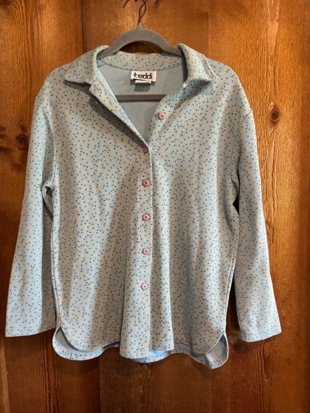 Vintage Teddi Light Blue Floral Corduroy Button Front Shirt Top Medium PM